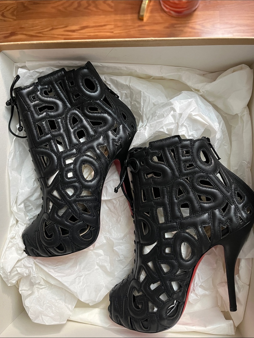 Christian Louboutin Crochet Woven Leather High Heel Booties Size 5 -